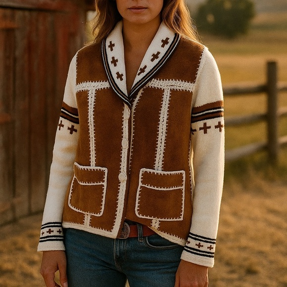 Vintage 70s Suede Leather Knit Cardigan Jacket White Brown Western Boho Casual - Picture 9 of 9